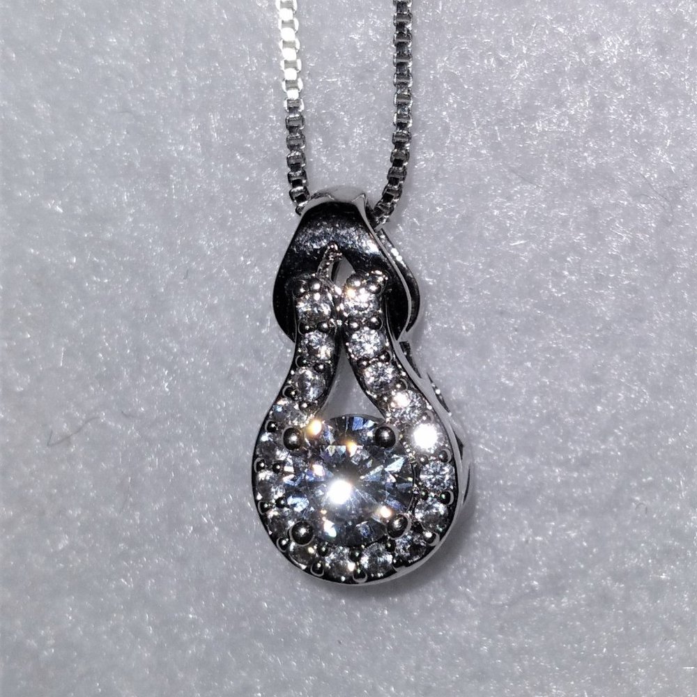 New White Gold Plated Teardrop Shaped CZ Pendant on 925 Silver Chain